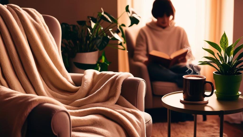 Un intérieur cosy avec un plaid moelleux, une tasse de chocolat chaud, et des lumières tamisées. Une personne lisant un livre est floue en arrière-plan.