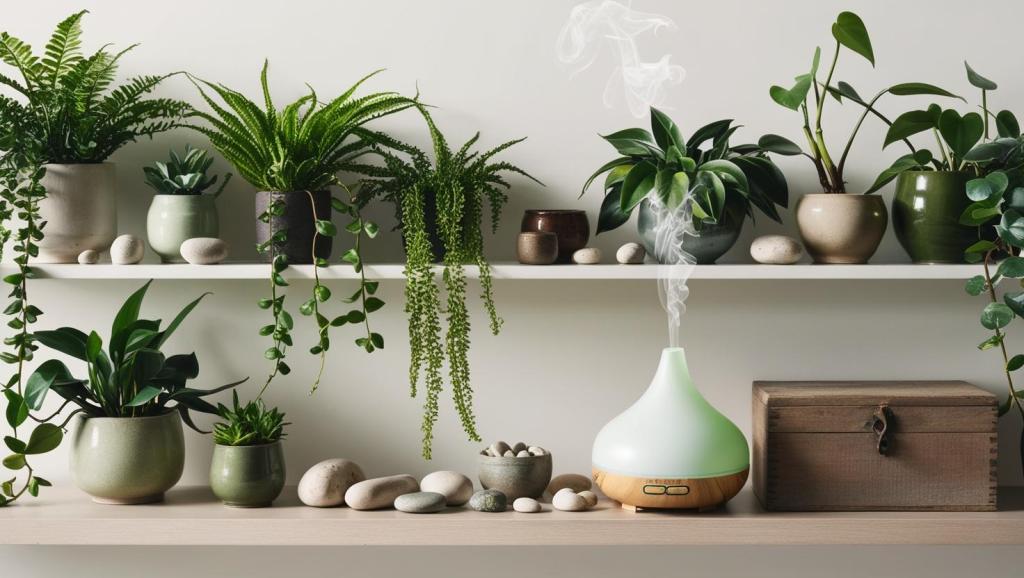 Une étagère remplie de plantes vertes, des objets décoratifs alignés avec soin, et un diffuseur d'huiles essentielles diffusant une légère fumée