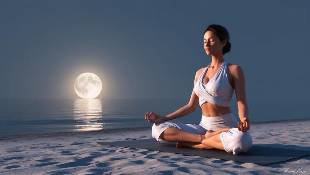 Une femme méditant au bord d'une mer calme), sous la lumière de la lune, avec une ambiance introspective