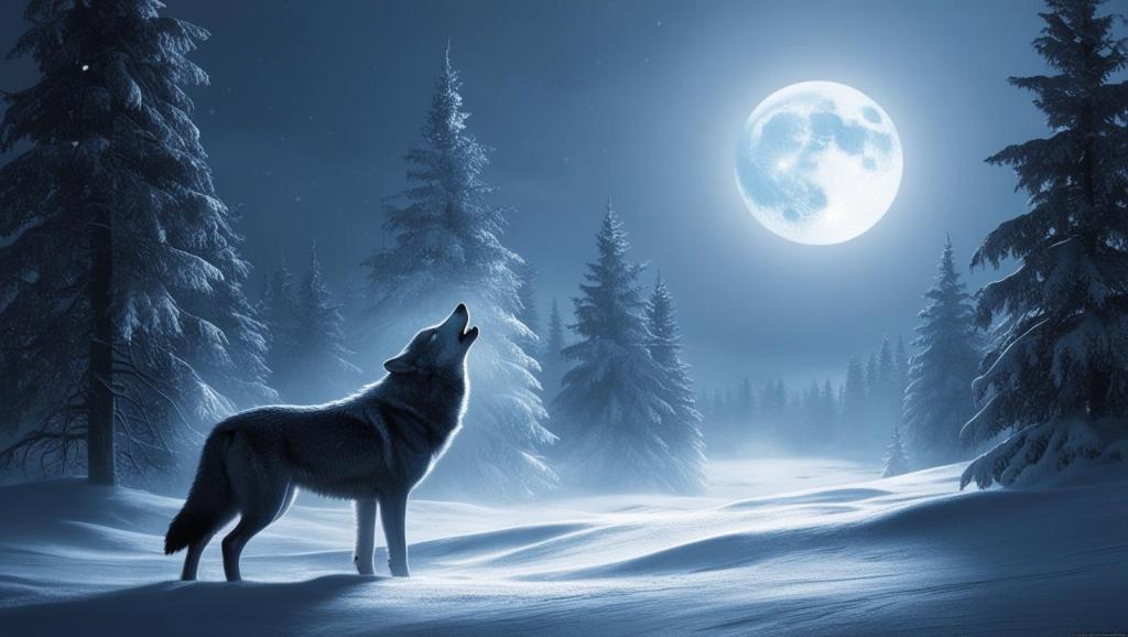 Une forêt enneigée baignée par la lumière de la lune, avec un loup solitaire hurlant à la lune au loin. Les tons bleus et argentés dominent.