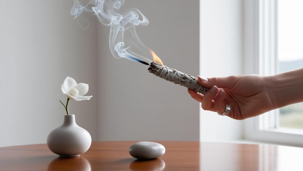 Une main qui fait brûler un bâton de sauge, libérant une fumée délicate dans une pièce minimaliste, avec une fenêtre ouverte et un décor apaisant.