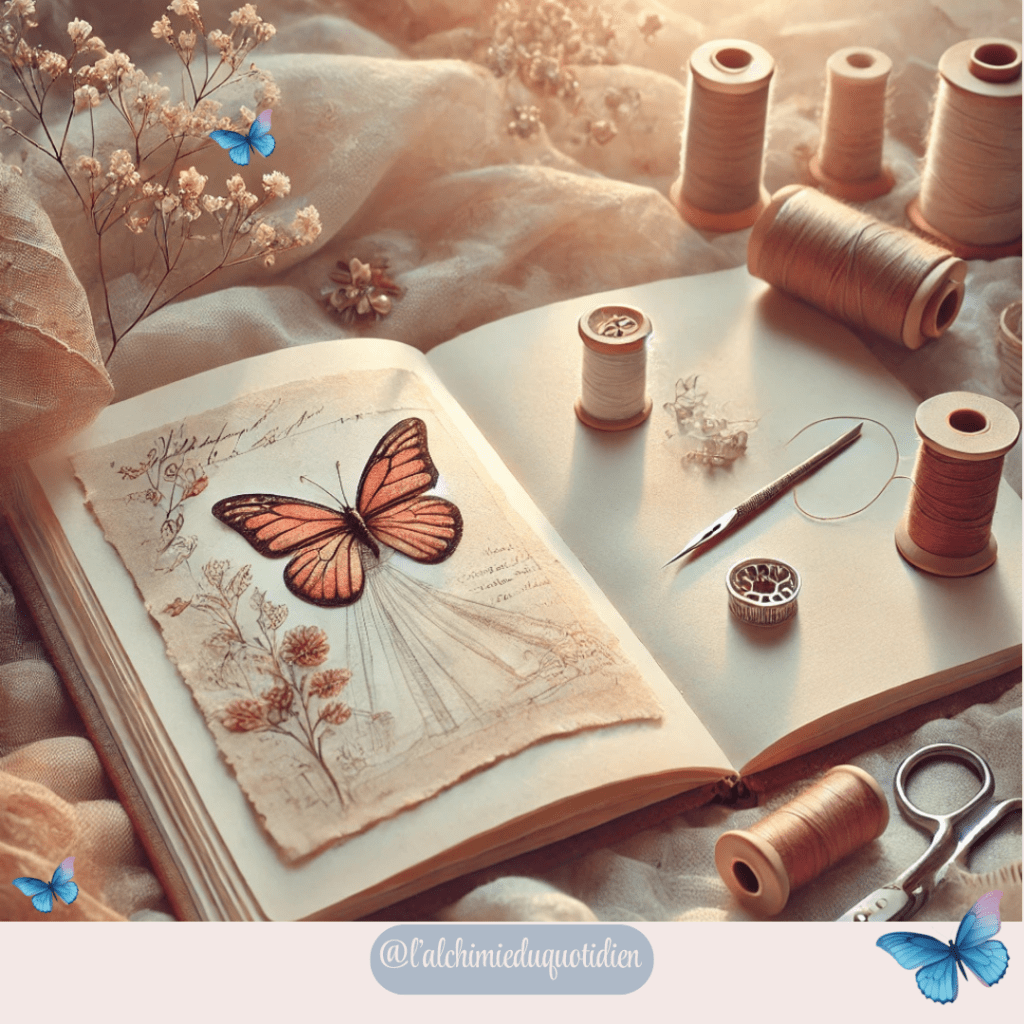 Bobines de fil, carnet avec papillon et ciseaux de couture, une ambiance douce et créative évoquant l'univers de la couture."