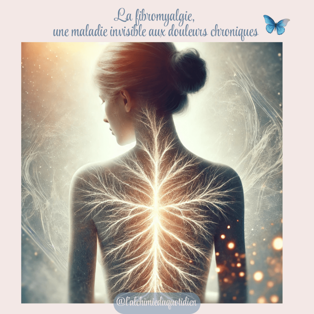 Silhouette féminine illuminée de flux nerveux lumineux symbolisant les douleurs chroniques de la fibromyalgie.
