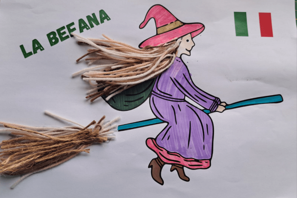 Activité enfant : Befana italienne décorée avec de la laine et colorée, pour le calendrier de l’Avent.